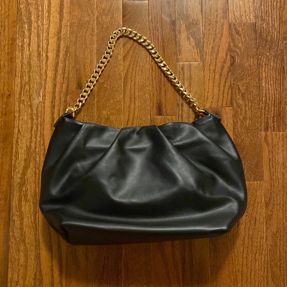 New - black faux leather purse with gold chain